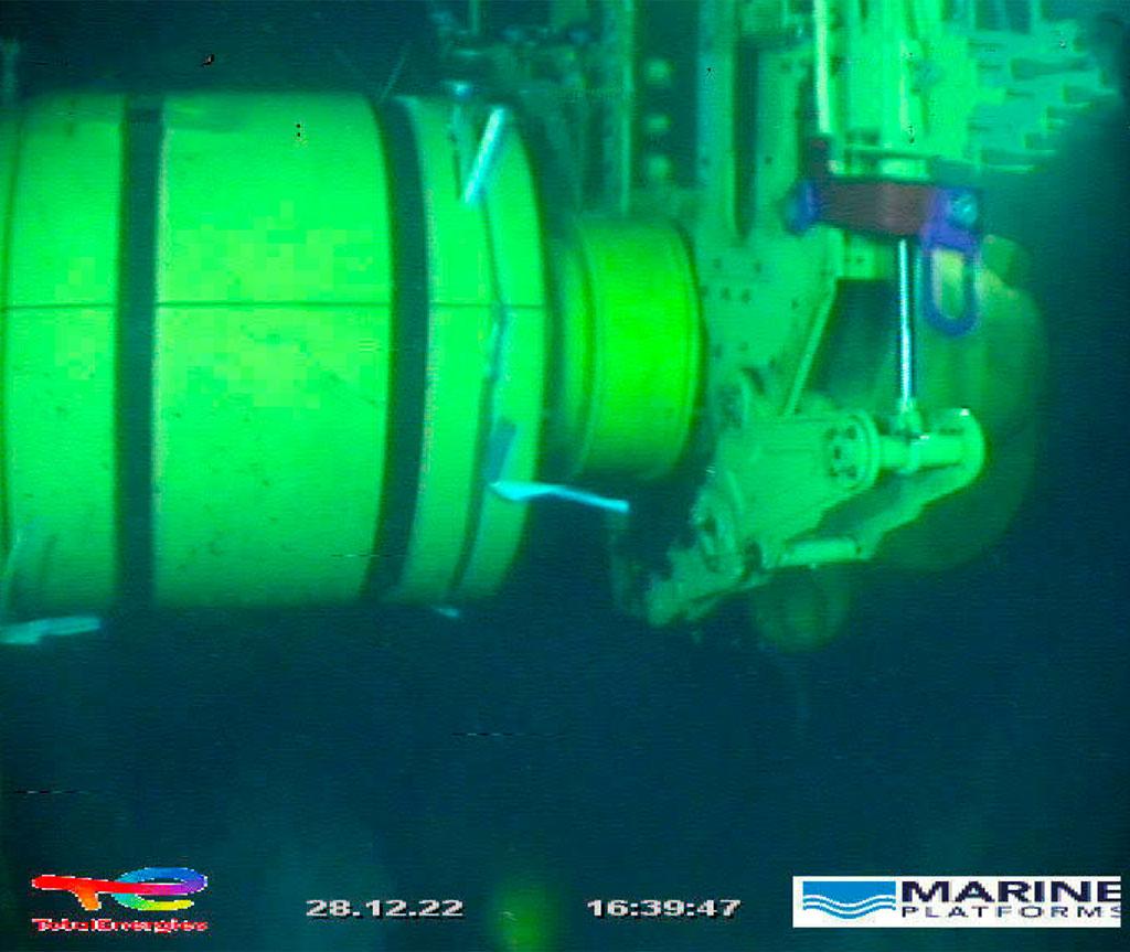 Chop saw underwater in a green coloured sea